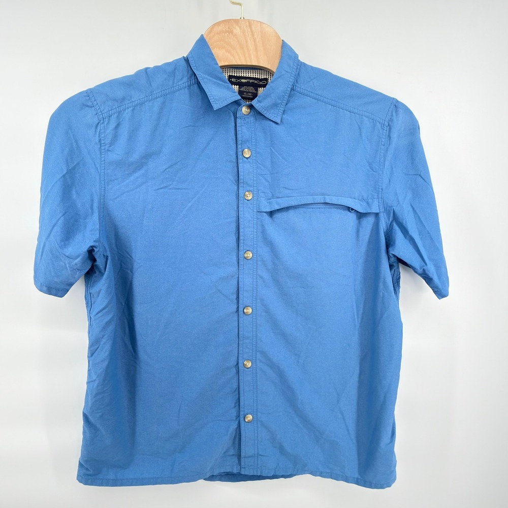 ExOfficio Button Front Shirt Mens XL Blue Short Sleeve Ventilated Hiking